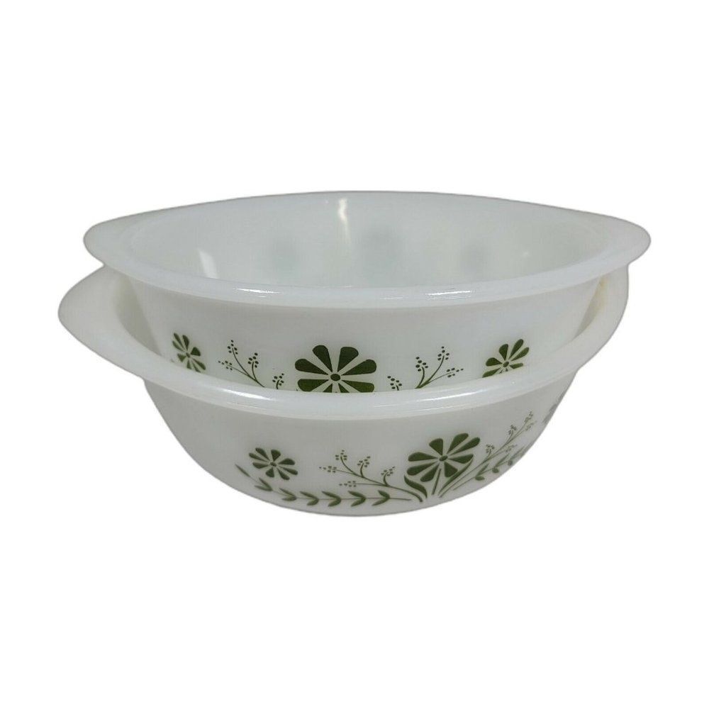 Lot 2 Vintage Glasbake 2Qt 1.5qt Casserole Jeannette J514 Milk Glass Green Daisy